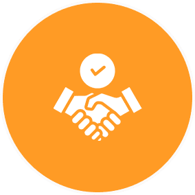 Icon of two hands shaking with a checkmark above, set against an orange circle background.