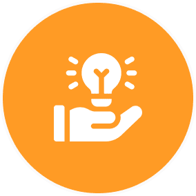 An orange circle with a white icon of a hand holding a light bulb, symbolizing an idea or innovation.