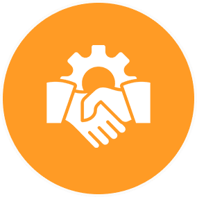 Icon of two hands shaking in front of a gear, symbolizing teamwork or collaboration, on an orange circular background.