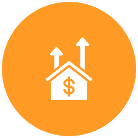 Orange circle with a white house icon. A dollar sign is inside the house, and two upward arrows emerge from the roof, symbolizing financial growth or real estate appreciation.
